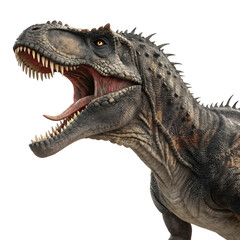 Fototapeta premium Realistic 3D Tyrannosaurus Rex Dinosaur Head with Open Mouth and Sharp Teeth Detailed Prehistoric Reptile Illustration for Educational and Entertainment Content png generative ai