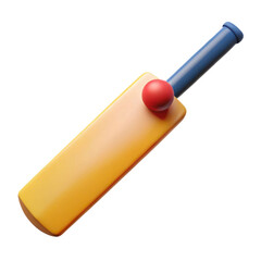 A yellow cricket bat with a red ball and blue handle isolated on white background