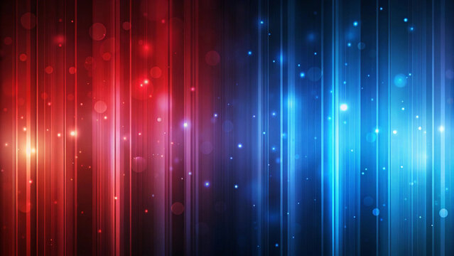 Abstract vertical stripes of red and blue light with glowing particles and bokeh effects