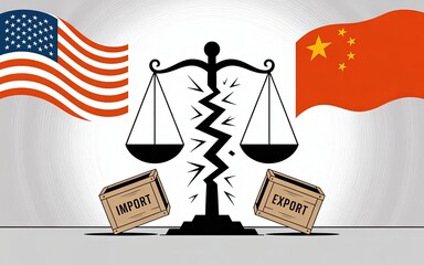 Trade Tensions: A visual metaphor representing the complex dynamics of international trade, showcasing a fractured balance scale between the flags of the United States and China.