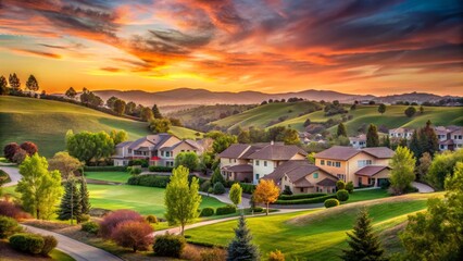 Naklejka premium Serene Hillside Homes Bask in the Golden Hues of a Dramatic Sunset