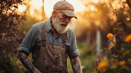 Obraz premium Senior man tending his garden in the warm sunset light with flowers and greenery surrounding him