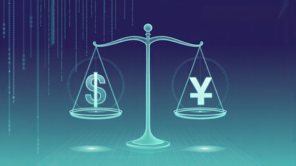 Dollar vs. Yen: An illustrative image depicting a symbolic weighing scale, with the Dollar and Yen currency signs on opposing sides. Suggesting balance or comparison in financial markets.