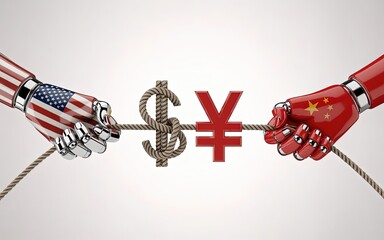 Global Economic Struggle: A visual representation of the economic tensions between the US and China, symbolized by robotic hands, pulling a rope entangled with dollar and yuan symbols.