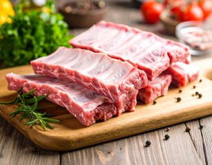 Fototapeta premium Cortes de costilla de res cruda sobre tabla de madera, con especias y fondo de cocina doméstica desenfocado.
