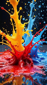 Vibrant color splash, dynamic explosion of red, yellow, and blue paint.  A burst of color, perfect for design projects needing a splash of energy.