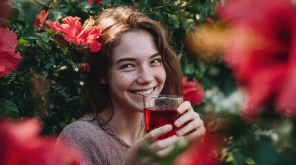 Benefits of Hibiscus tea. A joyful woman enjoys a drink surrounded by vibrant flowers.