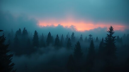 A breathtaking view of a misty forest at sunset, with the silhouettes of trees standing tall