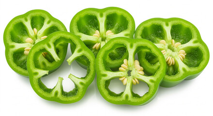 Detailed top-down and sliced views of crisp green peppers, emphasizing their fresh and raw qualities.