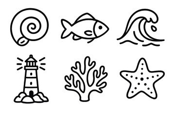 6 black and white maritime icons. Cartoon vector for Columbus Day themes.