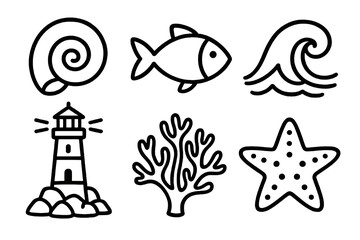 Cartoon icons in black and white for ocean exploration. Minimal vector design.