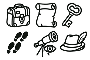 6 black and white travel icons. Cartoon vector for Columbus Day graphics.