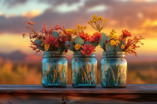 Three rustic mason jars filled with wildflowers and cacti, set against a vibrant sunset.