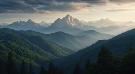 Obraz premium Majestic mountain range landscape with misty atmosphere