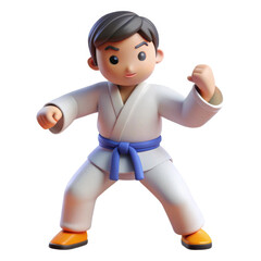 Cartoon karate boy in white gi with blue belt ready to fight isolated on white background
