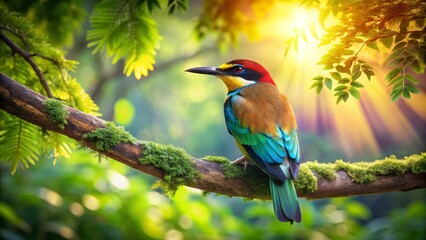 Obraz premium Vibrant Rainbow Bird Perched on Mossy Branch in Sunlit Forest