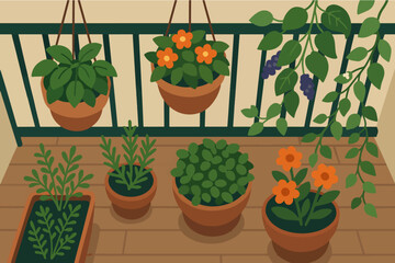 An illustration of a cozy balcony filled with various potted plants and flowers, ideal for home decor, lifestyle content, and plant lovers.