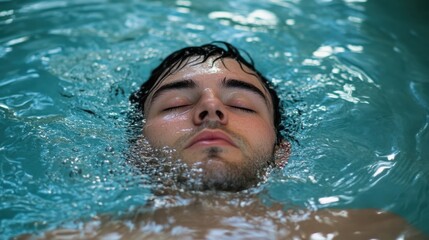 Relaxed man floats effortlessly in cool, blue water with his eyes gently closed, enjoying a peaceful moment of serenity.