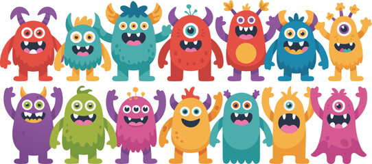 Cheerful Row of Cartoon Monsters with Various Colors, Shapes, Expressions, and Horns on White Background