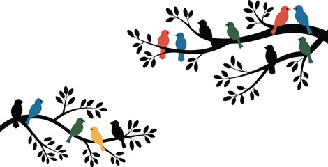 Colorful Birds Silhouettes Perched on Branches Against a White Background Nature Illustration Art
