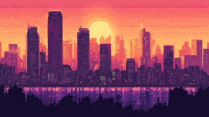 Fototapeta premium Pixelated cityscape at sunset over a body of water.