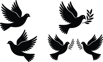 Fototapeta premium Four Flying Black Peace Doves with Olive Branch, Symbol of Peace and Hope Illustration