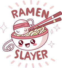 Cute cartoon ramen bowl with chopsticks and text ramen slayer