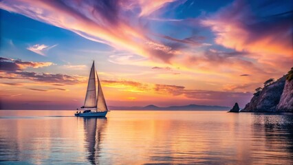Serene sailboat glides across calm waters at sunset, reflecting vibrant colors of the sky and clouds