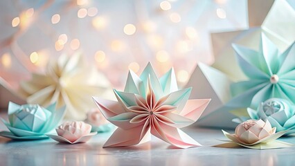 Delicate pastel paper flowers arranged artfully on a surface with a blurred bokeh background