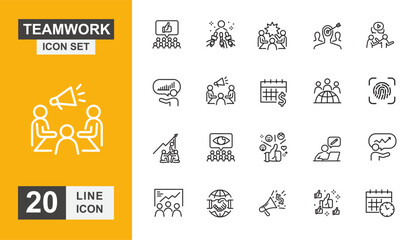 Teamwork icon set. Meeting, strategy, concept, working, assistance, leader, people and more line icon. Vector illustration.