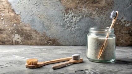 Wooden bristle brushes and a jar of powder on a rustic surface