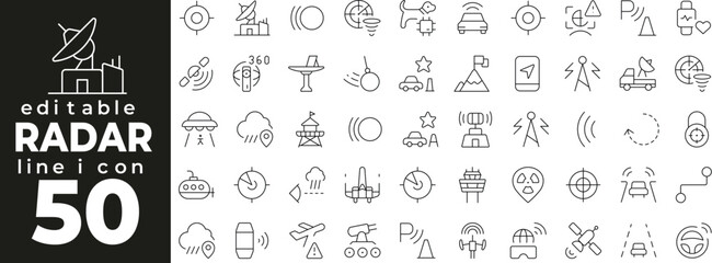 Radar set of web icons in line style. Radar linear icons collection. Containing radar dish, signal, detection, sonar, tracking, military radar, weather radar, pulse. Editable stroke