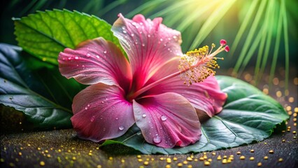 A vibrant pink hibiscus flower with dew drops, delicately nestled on lush green foliage, adorned with shimmering golden accents.