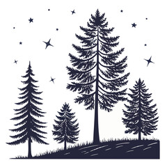 Obraz premium Dark Blue Pine Tree Silhouettes Night Stars trees forest