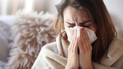 Sick Woman. Flu. Woman Caught Cold. Sneezing into Tissue