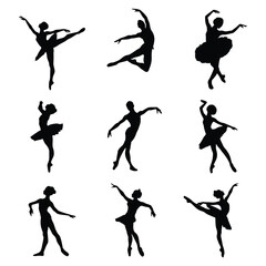 Ballet Dance Silhouettes, Stock Image Silhouette, Graceful Ballerina Poses Isolated on White Background