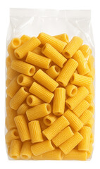Transparent bag filled with uncooked rigatoni pasta with a tubular and ridged texture.