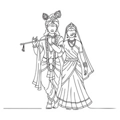 Radha and Krishna line art illustration in traditional attire with flute