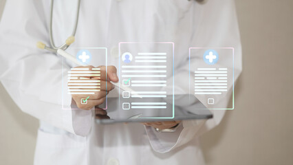 Healthcare, Medical service and Health insurance concept. Medicine doctor use tablet to review...