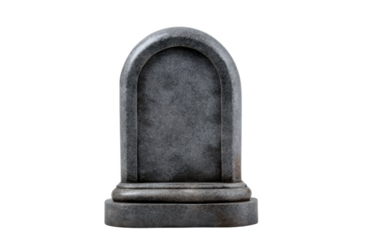 A weathered gray granite tombstone with an arched top and a rounded base isolated on transparent background