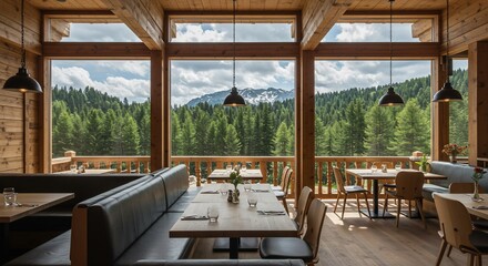 Fototapeta premium Rustic cabin dining room with mountain view