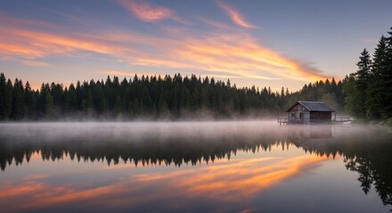 Obraz premium Serene lake house beneath vibrant dawn