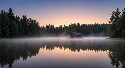 Fototapeta premium Serene lake house amidst tranquil misty waters