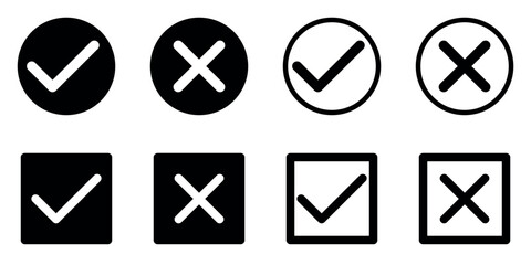 tick and x in circle and square set, OK check mark and X cross icon symbol, black and white vector illustration isolated on a white