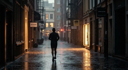 Silhouette sprints through rainslicked city alley
