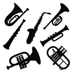 Elegant musical arrangement featuring wind instrument silhouettes for jazz music enthusiasts and musical education.