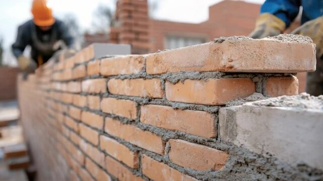 Bricklaying Process: An eye-level perspective reveals the construction of a brick wall, showcasing the meticulous work of builders creating a robust structure.