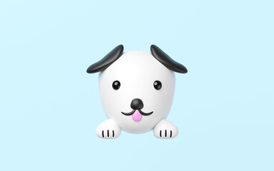 Minimalist 3D render of a cute white cartoon dog head with black ears and eyes, and a pink tongue, peeking into the frame from the bottom, isolated on a light blue background. Pet illustration.