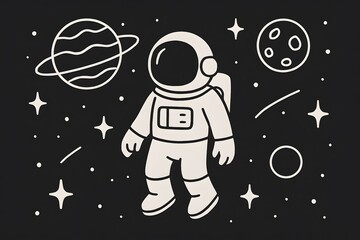 Cartoon Astronaut in Space with Planets Stars and Cosmic Elements in Black and White