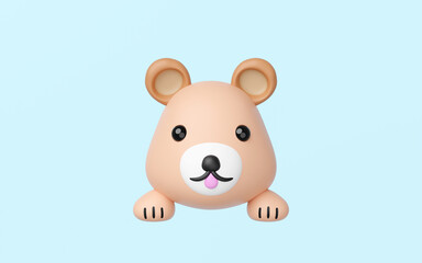 Cute 3D render of a charming light brown cartoon bear character with paws, peeking up from the bottom edge on a clean light blue background. Playful mascot illustration for kids content or apps.